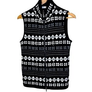 Rivamonti 100% Wool Fair Isle Vest Black White Full Zip Italy Woman’s Size Large
